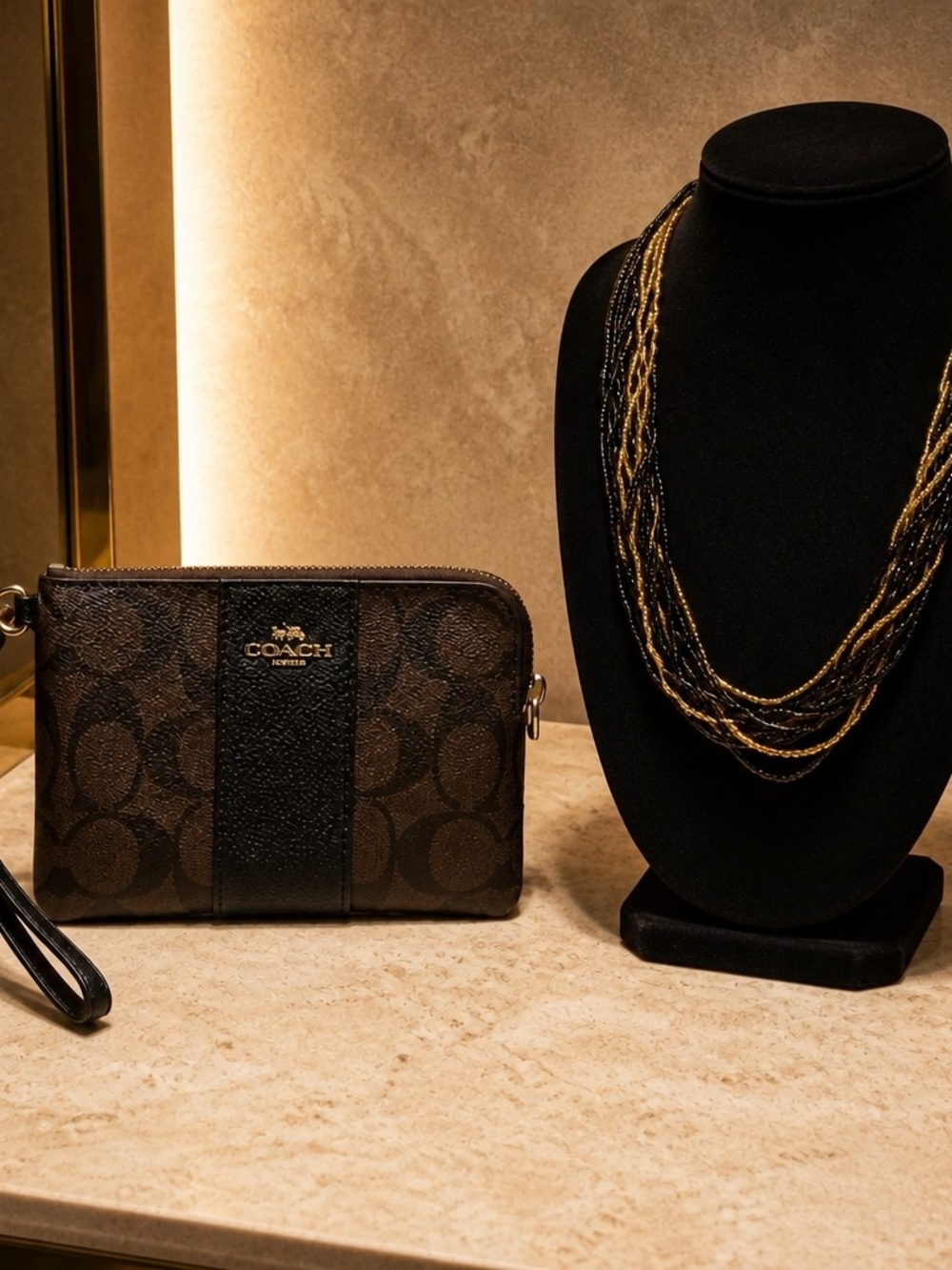 Coach coated canvas Corner Zip Wristlet & Designs by Paula glass beaded Necklace